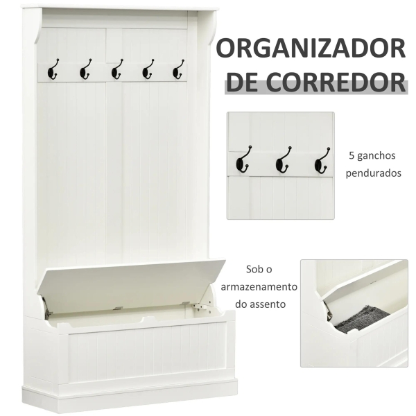 HOMCOM Móvel Cabide de Entrada com Banco Armário de Entrada com Cabide 5 Ganchos e Espaço de Armazenamento 96x34x179,7cm Marfim - Image 5