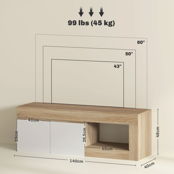 HOMCOM Móvel de TV com 2 Portas Prateleira Aberta Móvel de TV Televisóres de 60 Polegadas 140x40x48 cm Branco e Madeira - Image 3