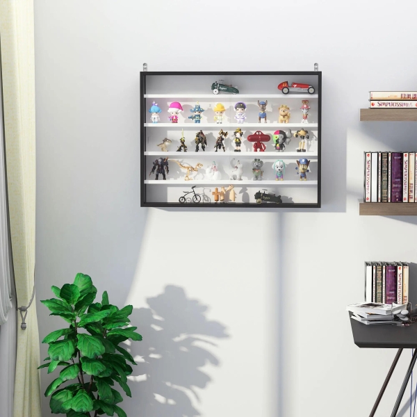 HOMCOM Vitrine de Parede de Madeira com Prateleiras Ajustáveis e 2 Portas Corredeiras de Vidro para Coleções Perfumes Bonecos de Decoração 80x9,5x60cm Preto - Image 2