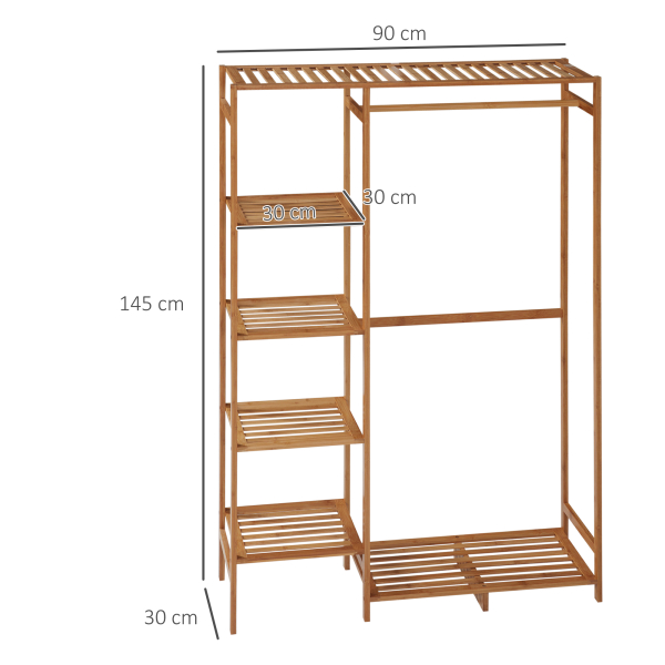 HOMCOM Suporte para Cabides de Bambu com Prateleira de Armazenamento de 6 Níveis e Vara Supensa 90x30x145 cm Madeira - Image 3