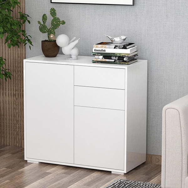 HOMCOM Aparador Auxiliar com 2 Portas 2 Gavetas e Prateleira Ajustável Abertura a Pressão Móvel Organizador de Armazenamento para Dormitório Sala de Estar 79x36x74cm Branco - Image 8