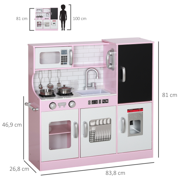 AIYAPLAY Cozinha de Brincar para Crianças acima de 3 anos Cozinha Infantil de Madeira com Acessórios Máquina de Gelo Ardósia e Telefone 83,8x26,8x81 cm Rosa - Image 3