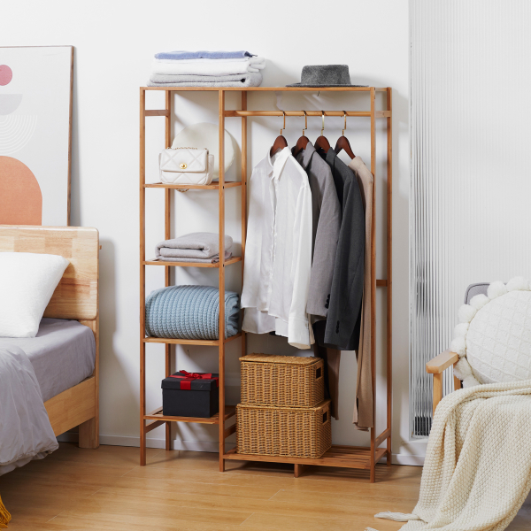 HOMCOM Suporte para Cabides de Bambu com Prateleira de Armazenamento de 6 Níveis e Vara Supensa 90x30x145 cm Madeira - Image 2