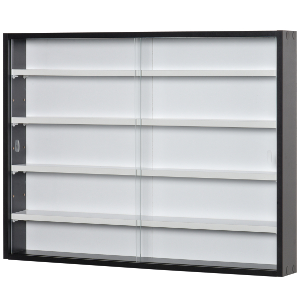 HOMCOM Vitrine de Parede de Madeira com Prateleiras Ajustáveis e 2 Portas Corredeiras de Vidro para Coleções Perfumes Bonecos de Decoração 80x9,5x60cm Preto