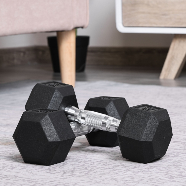 HOMCOM Conjunto de Halteres de 2x4 kg com Barra Metálica e Cabeça Hexagonal Conjunto Pesos para Treino 27,2x10,5 cm Preto e Prata - Image 2