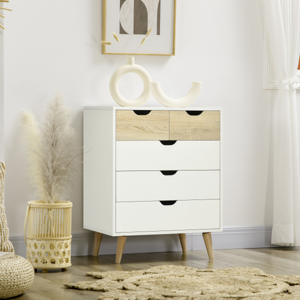 HOMCOM Cómoda com 5 Gavetas e Pés Elevados Cómoda para Dormitório Estilo Moderno Anti-Tombo 60x40x77,5cm Madeira e Branco - Image 2