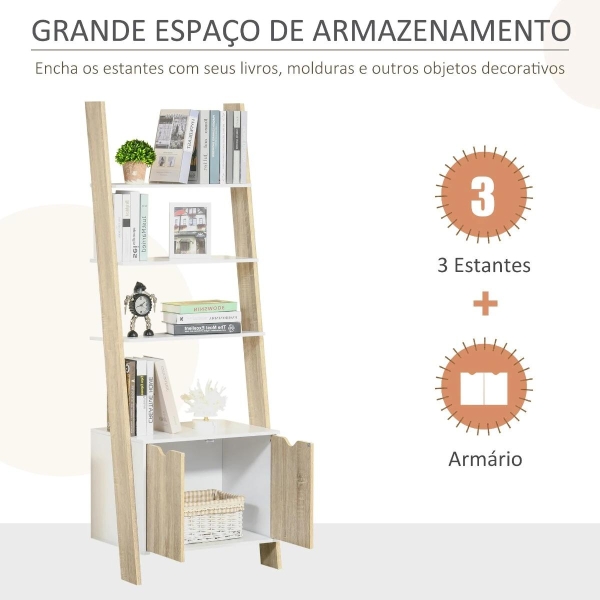 HOMCOM Estante em Forma de Escada de Madeira com 3 Prateleiras e 1 Armário Estante de Estilo Nórdico Moderno 60x40x171cm Carvalho e Branco - Image 4
