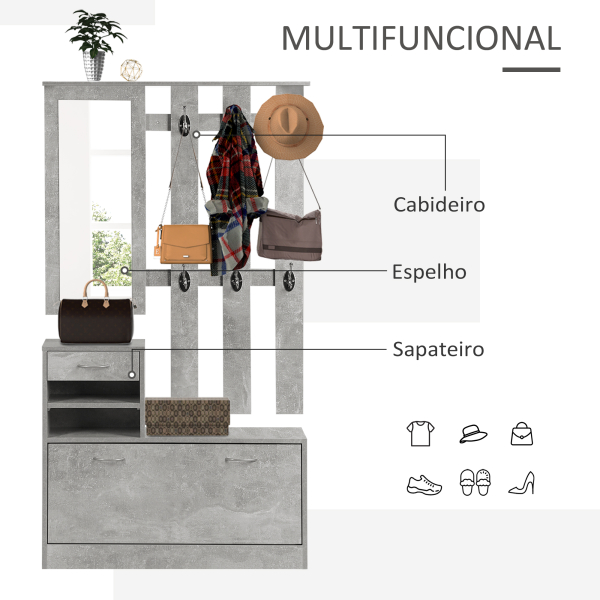 HOMCOM Móvel Cabide de Entrada de 3 Peças Armário de Entrada com Cabide Espelho Sapateira e Gaveta 90x10x102 cm Cinza - Image 5