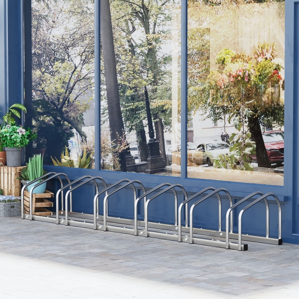 HOMCOM Estacionamento para 6 Bicicletas Suporte de Aço para Estacionar Bicicletas no Chão para Interior e Exterior 179x33x27 cm Prata - Image 2