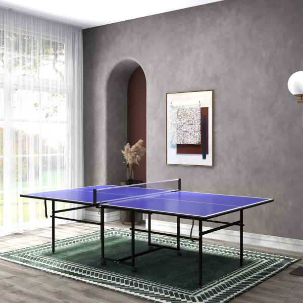 SPORTNOW Mesa de Ping Pong Dobrável com 4 Rodas Rede 2 Raquetes e 3 Bolas para Interior e Exterior 274x152,5x75,5 cm Azul - Image 2