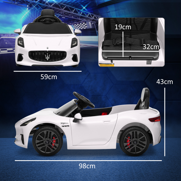AIYAPLAY Carro Elétrico para Crianças Maserati Gran Turismo Folgore 12V Controlo Remoto Faróis Buzina e Música MP3 98x59x43 cm Branco - Image 3
