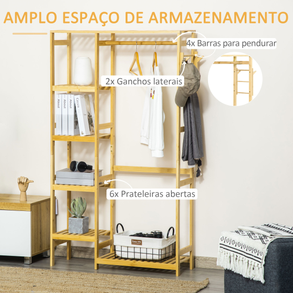HOMCOM Suporte para Cabides de Bambu Cabideiro com Prateleiras de 4 Níveis com Barra Prateleira Inferior e Cabide Lateral 90x30x155cm Madeira - Image 4