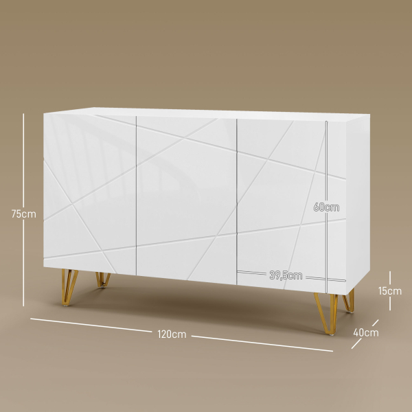 HOMCOM Aparador para Sala Aparador de Entrada com 3 Portas e Prateleiras Ajustáveis para Cozinha Sala 120x40x75 cm Branco Brilhante - Image 3