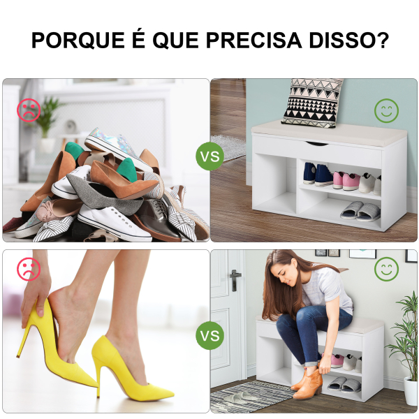 HOMCOM Banco Sapateira com Armazenamento Gaveta Prateleira e Assento Acolchoado para Entrada Estilo Moderno 80x30x47cm Branco - Image 7
