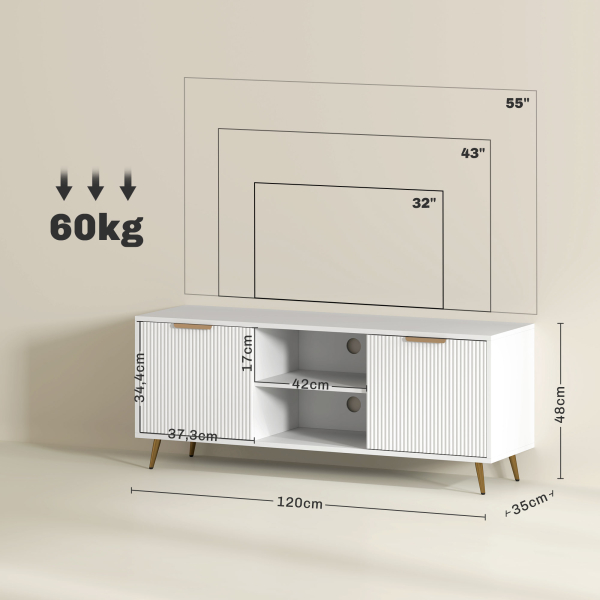 HOMCOM Móvel de TV Moderno Móvel de TV para Sala de Estar com 2 Compartimentos Abertos  para Televisores de 55 Polegadas 120x35x48 cm Branco - Image 3