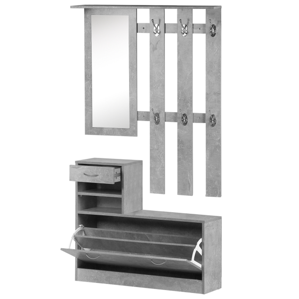 HOMCOM Móvel Cabide de Entrada de 3 Peças Armário de Entrada com Cabide Espelho Sapateira e Gaveta 90x10x102 cm Cinza - Image 8
