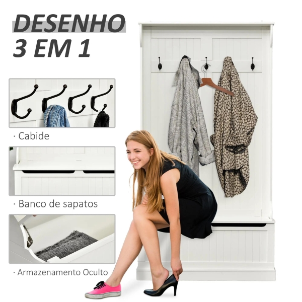 HOMCOM Móvel Cabide de Entrada com Banco Armário de Entrada com Cabide 5 Ganchos e Espaço de Armazenamento 96x34x179,7cm Marfim - Image 4