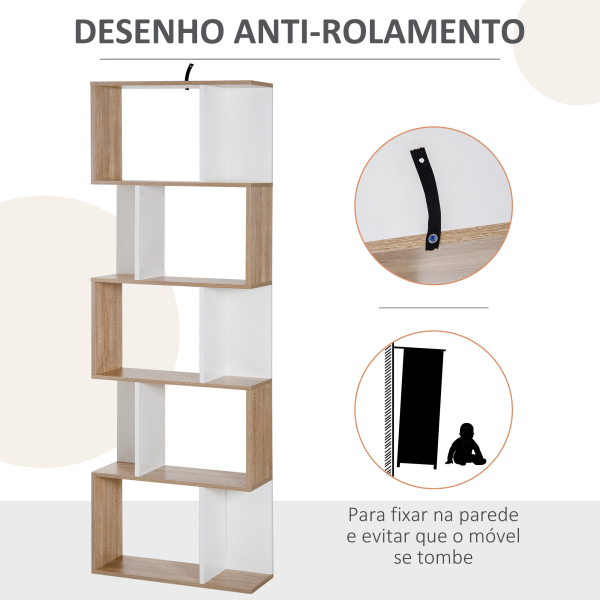 HOMCOM Estante para Livros Estante Alta de Parede com 5 Níveis em Forma de S Desenho Moderno 60x24x184,5cm Branco e Madeira - Image 6