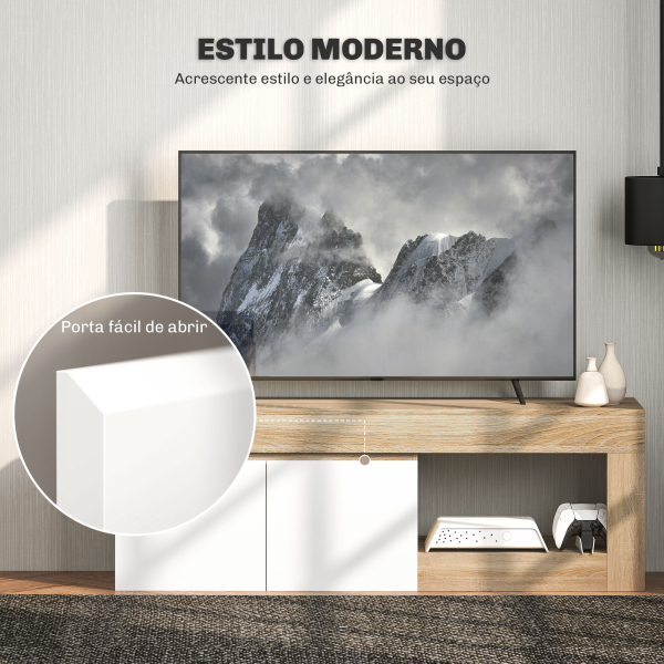 HOMCOM Móvel de TV com 2 Portas Prateleira Aberta Móvel de TV Televisóres de 60 Polegadas 140x40x48 cm Branco e Madeira - Image 4