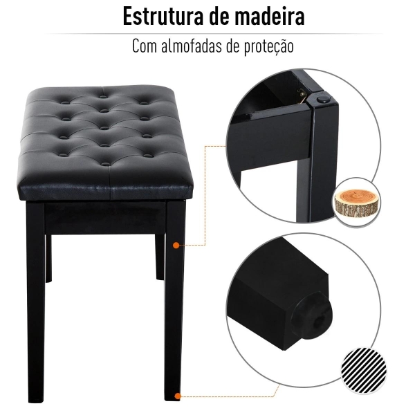 HOMCOM Banco de Piano Banco para Piano com Espaço de Armazenamento Assento de Couro Sintético Acolchoado76x36x50cm Preto - Image 7