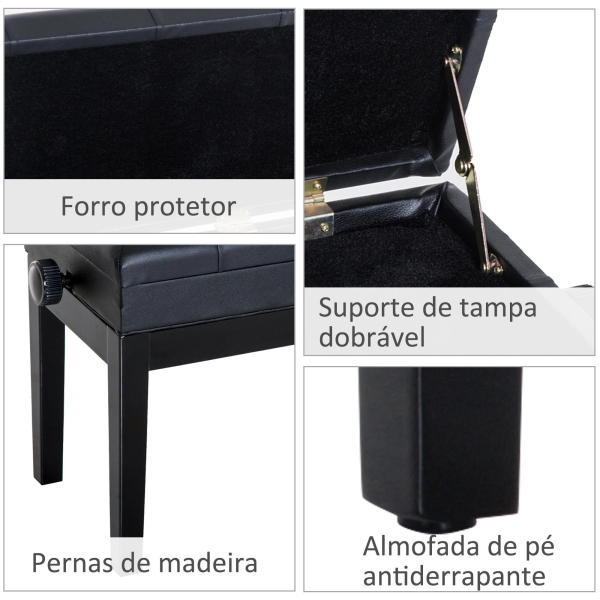 HOMCOM Banco de Piano com Espaço de Armazenamento Altura Ajustável com Assento Acolchoado Carga 200 kg 54,5x33x48-58 cm Preto - Image 6