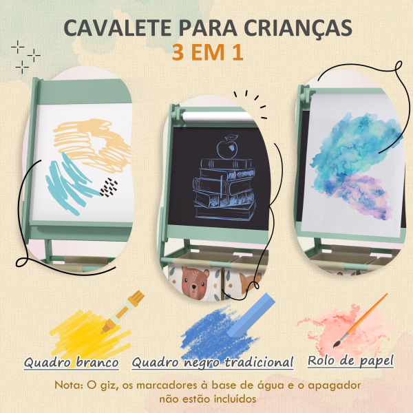 AIYAPLAY Cavalete para Crianças 3 em 1 Cavalete de Arte com Rolo de Papel Quadro e 2 Cestas de Armazenamento 54x46,5x93 cm Verde - Image 4