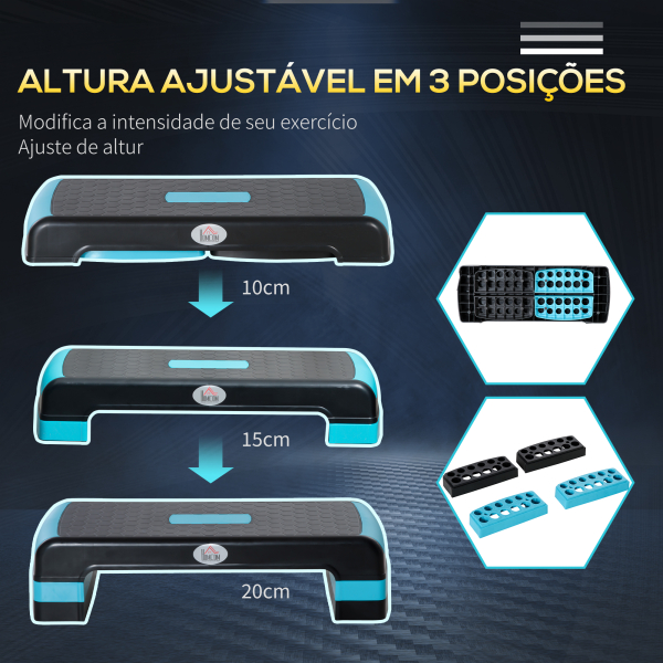 HOMCOM Plataforma Step Fitness com Altura Ajustável de 10/15/20 cm Plataforma de Exercício 78x28x20 cm Azul e Preto - Image 4