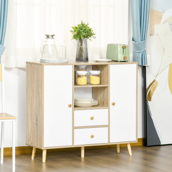 HOMCOM Aparador de Sala de Estar com 2 Portas 2 Gavetas e 2 Prateleiras Abertas Móvel Auxiliar de Armazenamento para Cozinha Entrada 100x30x85cm Branco e Natural - Image 2