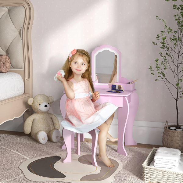 ZONEKIZ Toucador Infantil para Meninas e Meninos Toucador de Maquilhagem com Banco Espelho Gaveta e Caixas de Arrumação Rosa - Image 2