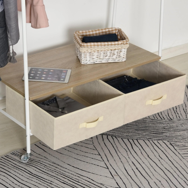 HOMCOM Suporte para Cabides de Metálico Cabideiro com Rodas Prateleira e 2 Gavetas para Organizar Roupas Bolsos 99x47x185cm Branco - Image 8