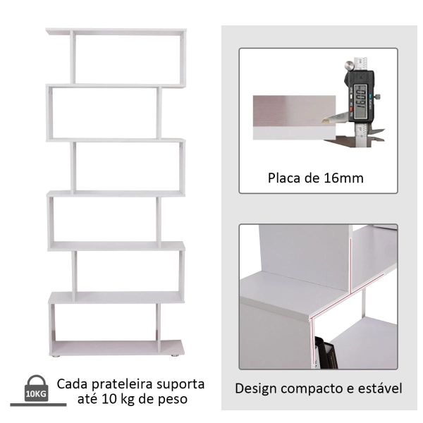 HOMCOM Estante Moderna com 6 prateleiras em forma de S Madeira 80 x 25 x 192 cm branco - Image 5