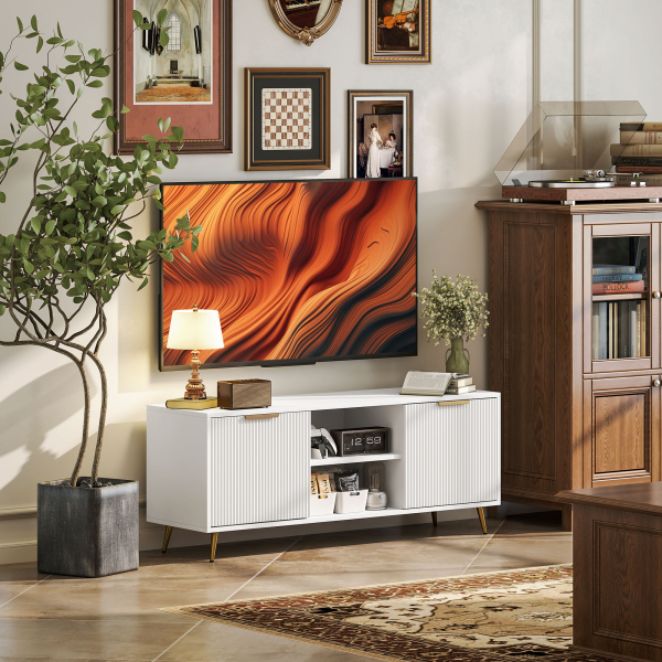 HOMCOM Móvel de TV Moderno Móvel de TV para Sala de Estar com 2 Compartimentos Abertos  para Televisores de 55 Polegadas 120x35x48 cm Branco - Image 4