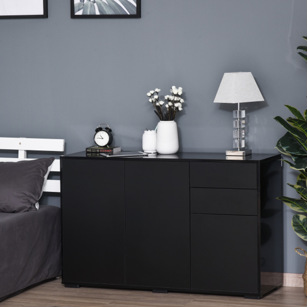 HOMCOM Aparador de Sala de Estar com 3 Portas 2 Gavetas e Prateleira Interior Ajustável Móvel Auxiliar de Armazenamento para Cozinha Dormitório Anti-Rolamento 117x36x74 cm Preto - Image 2
