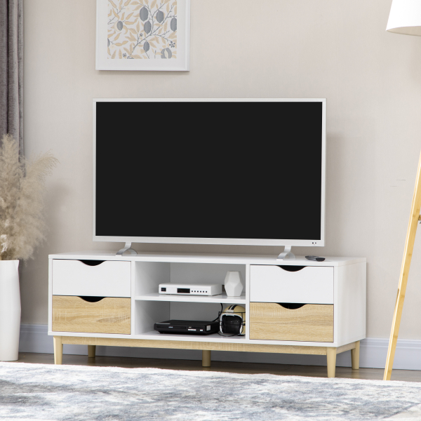 HOMCOM Móvel de TV para Televisores de até 55" com Prateleiras de Armazenamento e 4 Gavetas 120x40x44,5cm Branco e Carvalho - Image 2