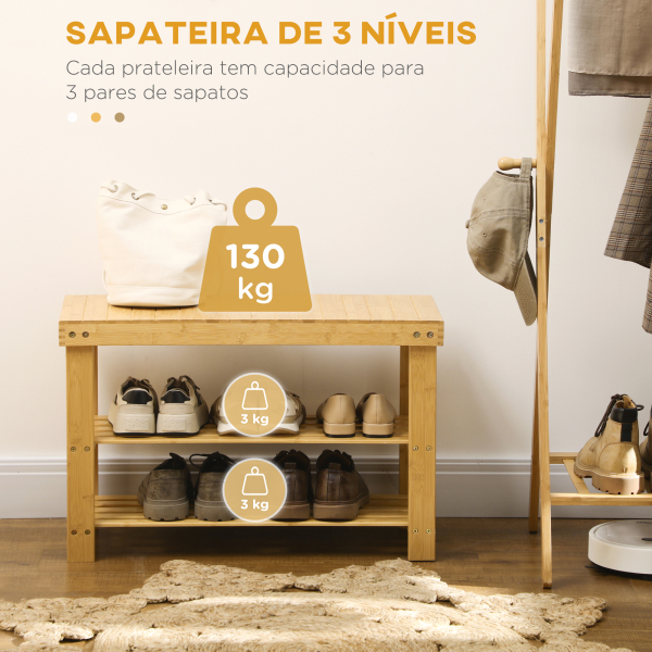 HOMCOM Banco Sapateira de Bambu Organizador de Sapatos com 2 Prateleiras para 6-9 Pares de Sapatos 70x28x45 cm Madeira - Image 4