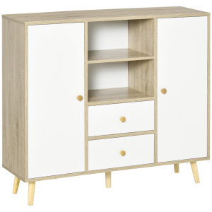 HOMCOM Aparador de Sala de Estar com 2 Portas 2 Gavetas e 2 Prateleiras Abertas Móvel Auxiliar de Armazenamento para Cozinha Entrada 100x30x85cm Branco e Natural