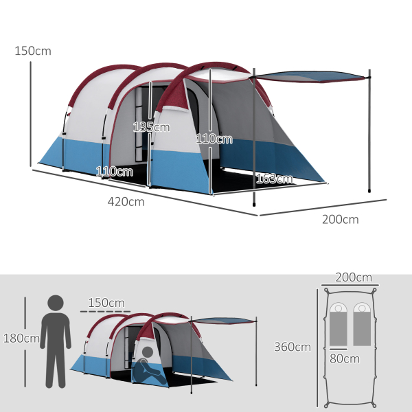 Outsunny Tenda de Campismo Familiar para 2-3 Pessoas com 2 Áreas e Bolsa de Transporte Impermeável 420x200x150 cm Multicolor - Image 3
