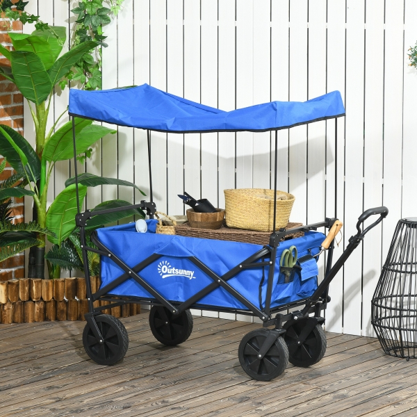 Outsunny Carrinho de Transporte Dobrável com Toldo Removível e Alça Ajustável Capacidade 100 kg para Campismo 97x52x105 cm Azul - Image 2