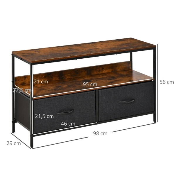 HOMCOM Móvel de TV até 47” Móvel de TV Industrial com Prateleira e 2 Cestos de Tecido Dobráveis para Sala de Estar Dormitório Estrutura de Metal 98x29x56cm Marrom Rústico e Preto - Image 3