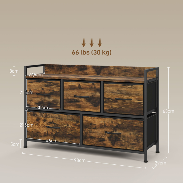 HOMCOM Cómoda com 5 Gavetas de Tecido Cómoda de Estilo Industrial com Estrutura Metálica para Quarto 98x29x63 cm Castanho Rústico - Image 3