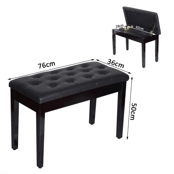 HOMCOM Banco de Piano Banco para Piano com Espaço de Armazenamento Assento de Couro Sintético Acolchoado76x36x50cm Preto - Image 3