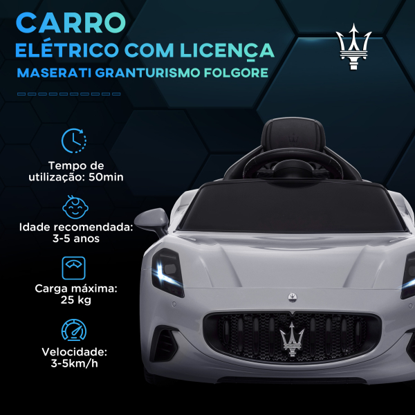 AIYAPLAY Carro Elétrico para Crianças Maserati Gran Turismo Folgore 12V Controlo Remoto Faróis Buzina e Música MP3 98x59x43 cm Cinza - Image 4