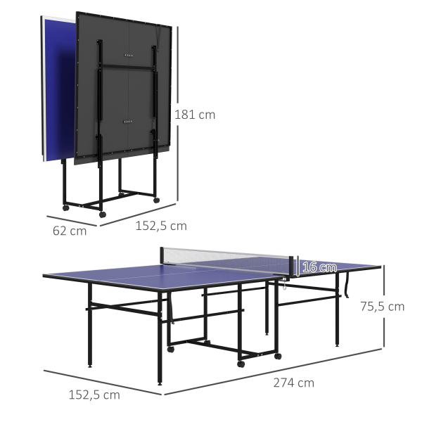 SPORTNOW Mesa de Ping Pong Dobrável com 4 Rodas Rede 2 Raquetes e 3 Bolas para Interior e Exterior 274x152,5x75,5 cm Azul - Image 3