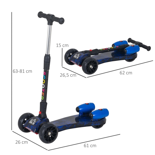 HOMCOM Trotinete dobrável para crianças acima de 3 anos altura ajustável em 4 níveis  luzes musica e Nevoeiro de água  61x26x63-81 cm Azul - Image 3