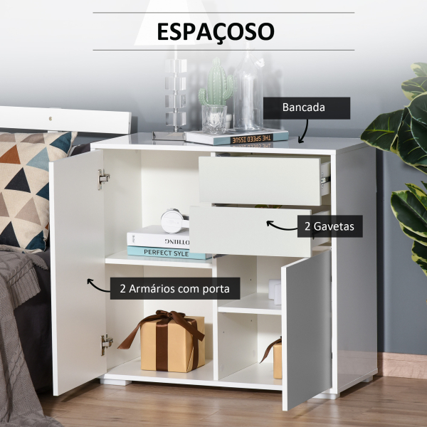 HOMCOM Aparador Auxiliar com 2 Portas 2 Gavetas e Prateleira Ajustável Abertura a Pressão Móvel Organizador de Armazenamento para Dormitório Sala de Estar 79x36x74cm Branco - Image 4