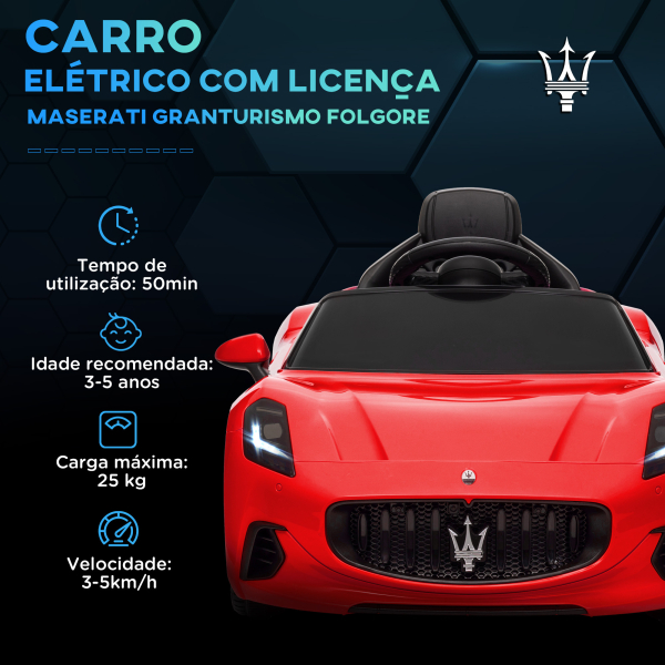 AIYAPLAY Carro Elétrico para Crianças Maserati Gran Turismo Folgore 12V Controlo Remoto Faróis Buzina e Música MP3 98x59x43 cm Vermelho - Image 4