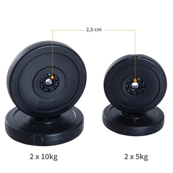 HOMCOM Conjunto de 4 discos de peso de 5 kg e 10 kg com orifício de Ø25 mm preto - Image 6
