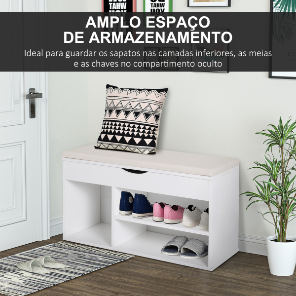 HOMCOM Banco Sapateira com Armazenamento Gaveta Prateleira e Assento Acolchoado para Entrada Estilo Moderno 80x30x47cm Branco - Image 5