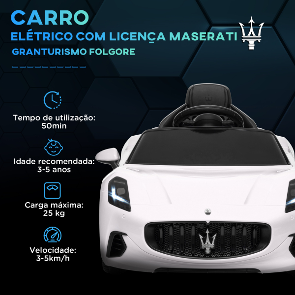 AIYAPLAY Carro Elétrico para Crianças Maserati Gran Turismo Folgore 12V Controlo Remoto Faróis Buzina e Música MP3 98x59x43 cm Branco - Image 4