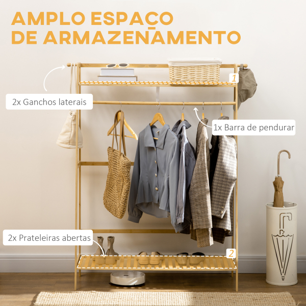 HOMCOM Suporte para Cabide de Bambu com 2 Prateleiras de Armazenamento 2 Ganchos Laterais e Barra Suspensa 114x40x139 cm Madeira - Image 4
